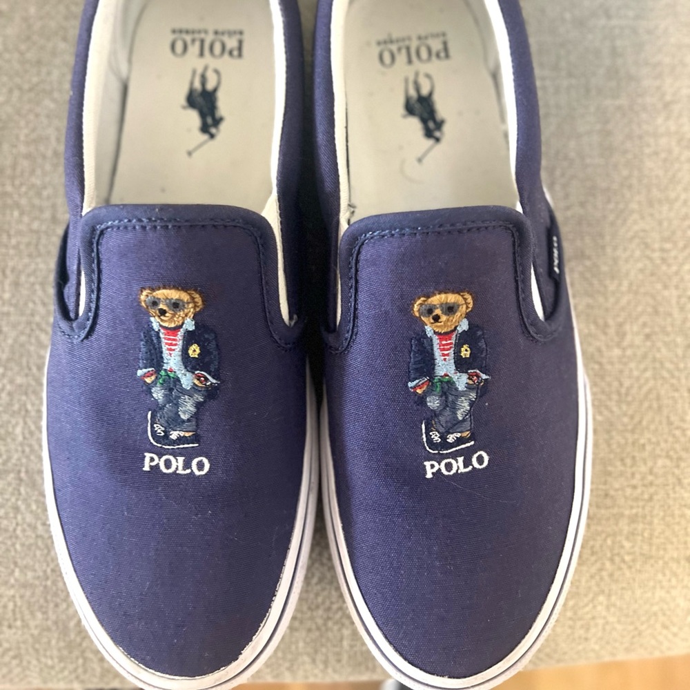 Ralph Lauren Navy Blue Loafers with Embroidered Bear